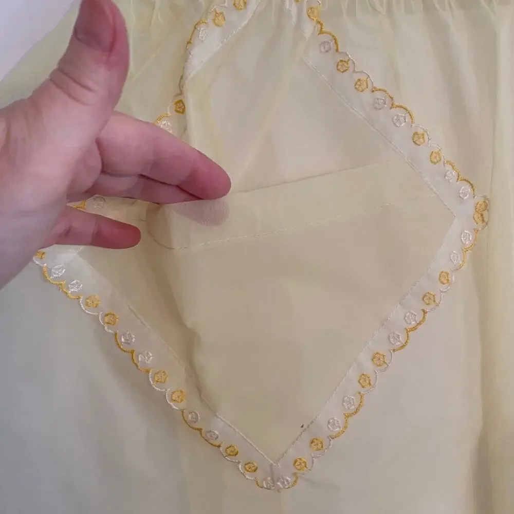Vintage yellow organza half apron mid century lace trim pocket 50's homemaker